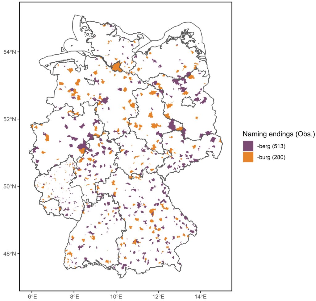 Mapping municipalities with the endings berg and burg.