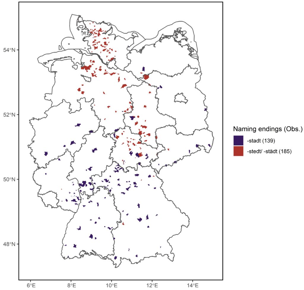 Mapping municipalities with endings stadt and stedt/ städt